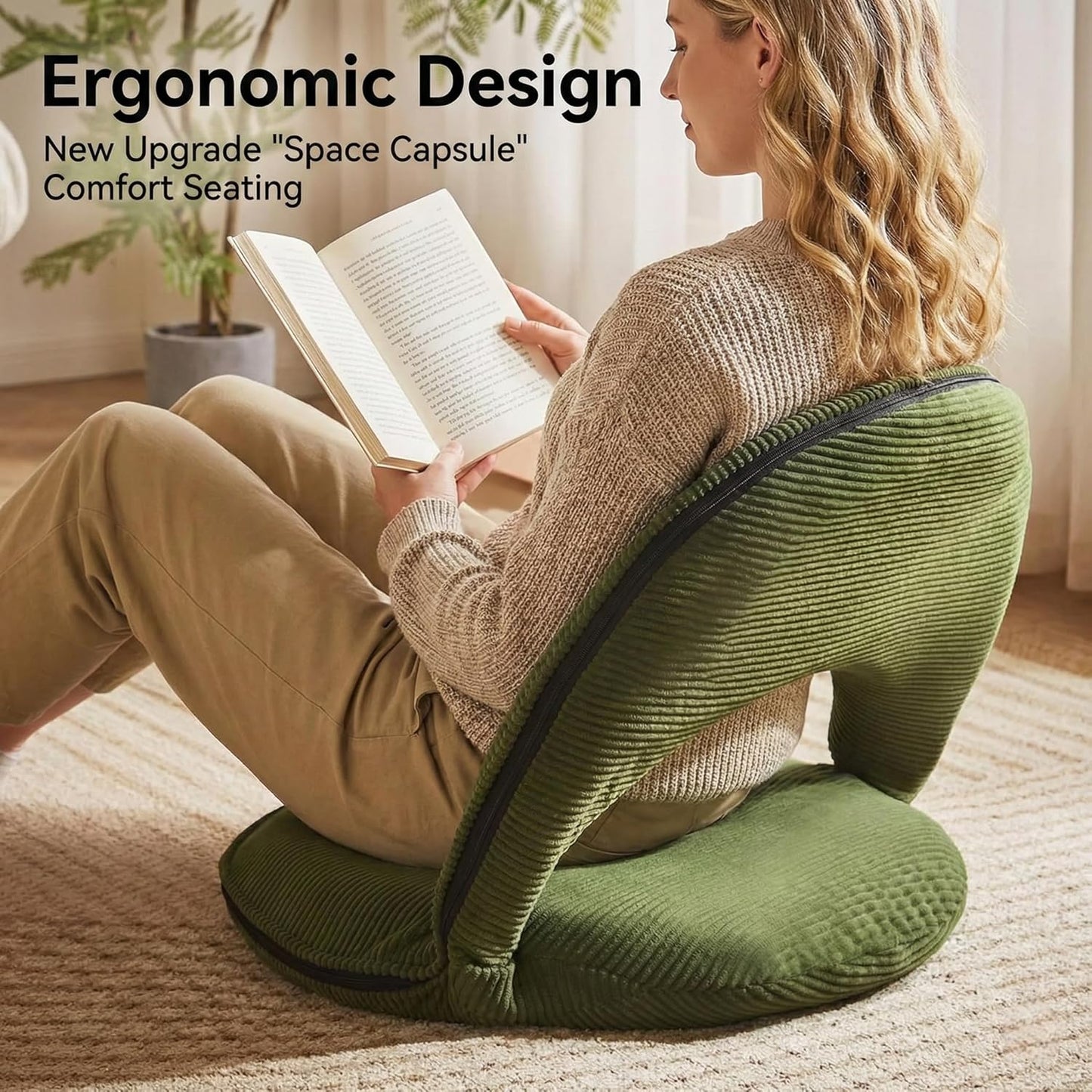 Foldable Floor Chair with Back Support, Tatami Style Floor Lounger for Bedroom, Bay Window, Balcony, Living Room, or Bedside – Single Seat with Backrest Cushion