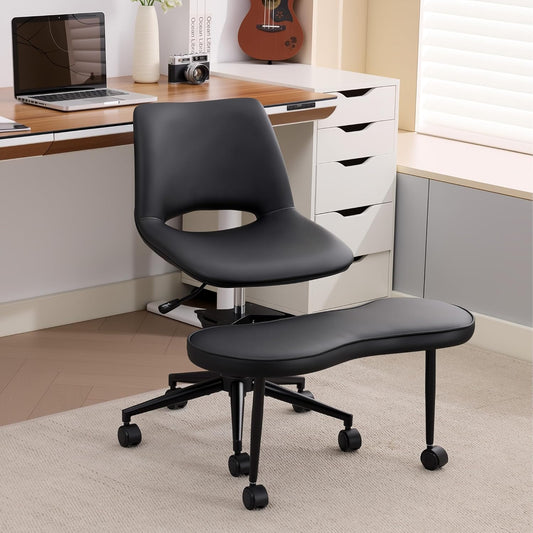 GAOMON Ergonomic Cross Legged Chair with High Lumbar Support, 360° Swivel Meditation Chair with Wheels - Adjustable Height for ADHD Desk & Yoga, PU Leather Yoga Stool for Home, Black