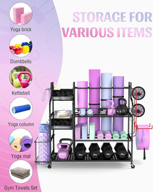 Mythinglogic Weight Rack for Dumbbells, Home Gym Storage for Yoga Mat Dumbbells Kettlebells and Strength Training Equipment, Dumbbell Rack with Wheels and Hanging Hooks (Black)