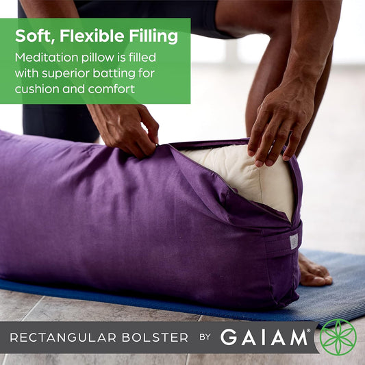Gaiam Yoga Bolster Pillow, Soft Meditation Cushion for Yoga, Massage and Back Support, Breathable Cotton Fill, Zippered Microfiber Cover, Easy-Carry Handle, Machine Washable