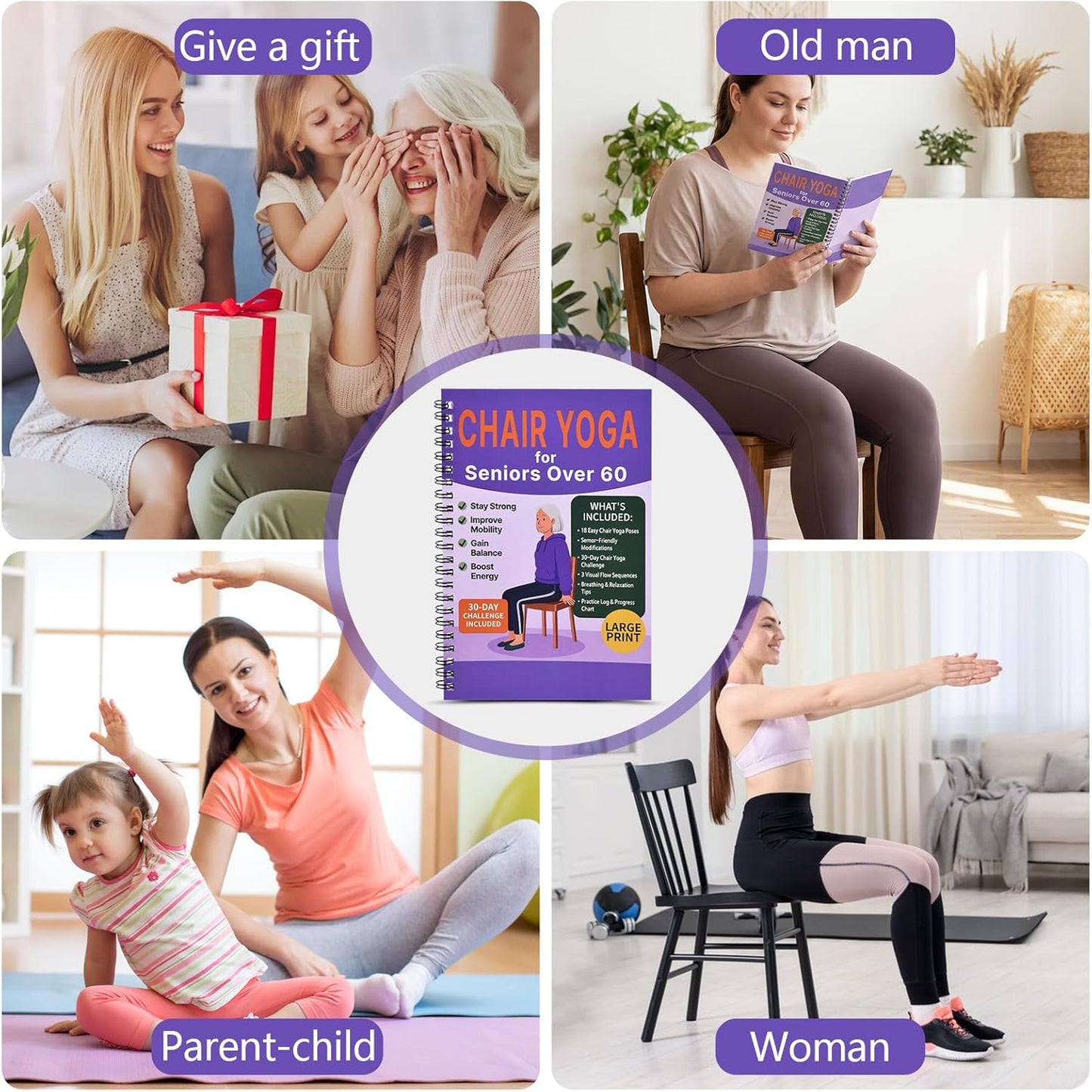 Chair Yoga for Seniors Over 60 Book & Chart – 30-Day Challenge, Gentle Seated Yoga Guide, Chair Yoga for Weight Loss & Flexibility, Senior Chair Exercises for Women & Men,Top Choice for Family Gifts (Purple)