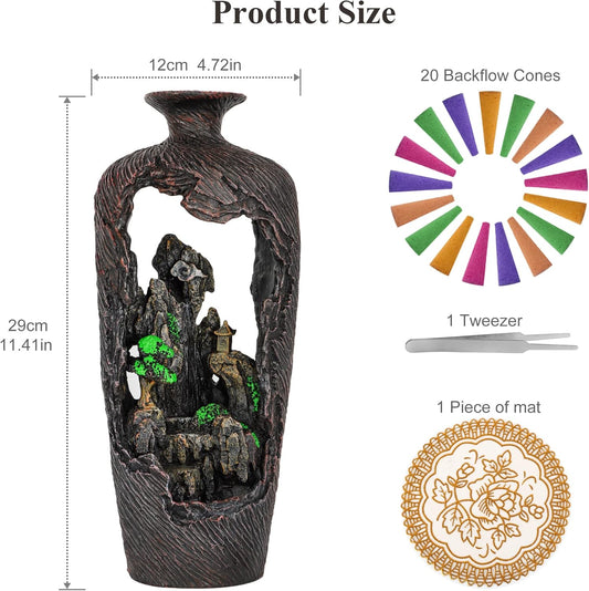 DOBEHOME Mountain Waterfall Incense Burner Backflow Incense Burner Incense Smoke Waterfall with 100 Backflow Incense Cones,Tweezer,Mat (Vase Shape)