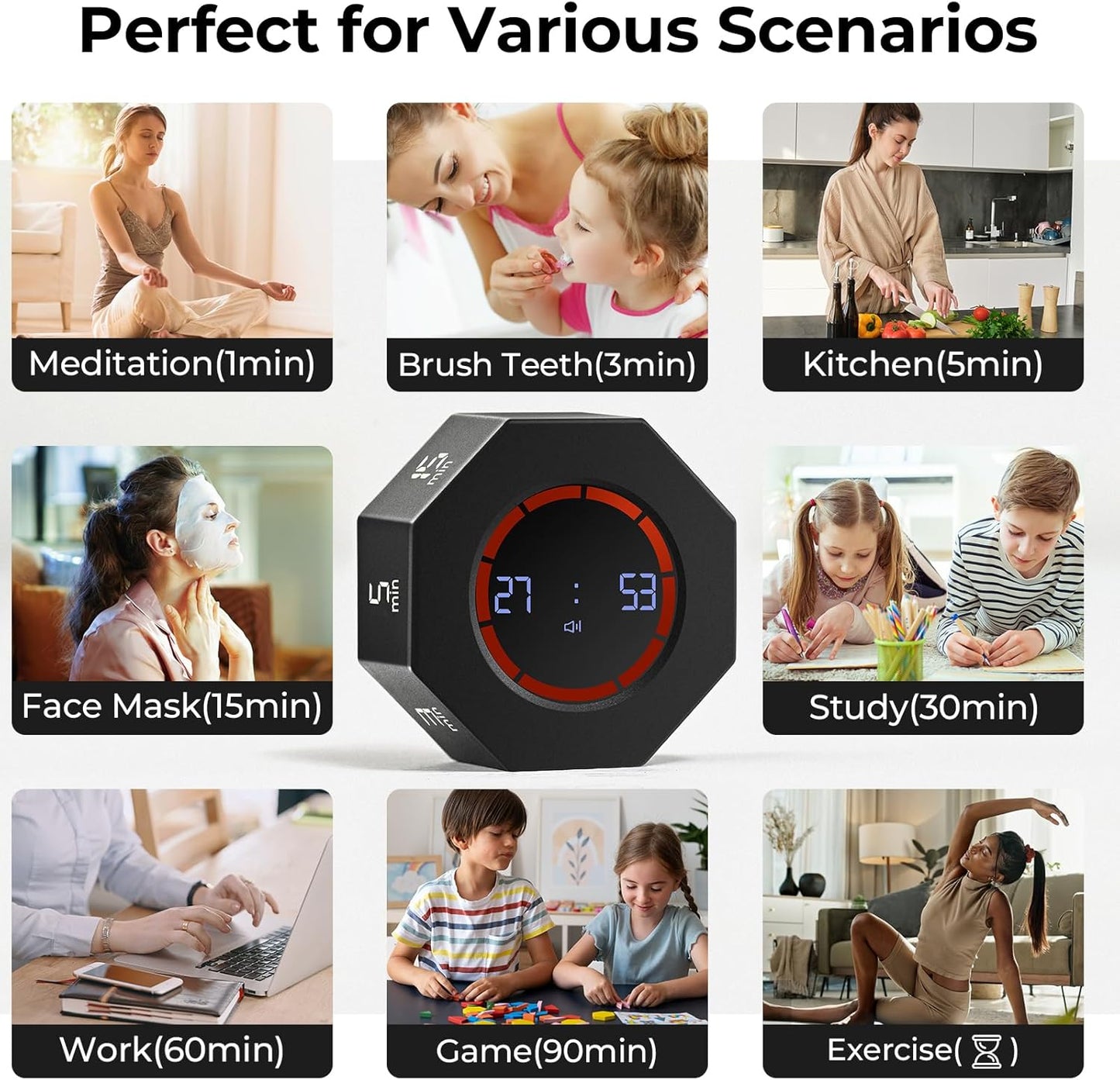 Small Rechargeable Pomodoro Timer, Gravity Sensor Auto-Rotating 7 Preset Times (1/3/5/15/30/60/90 min) & Count Up Mode, Digital Kitchen Timers for Cooking, Work and Study (Pearl White)