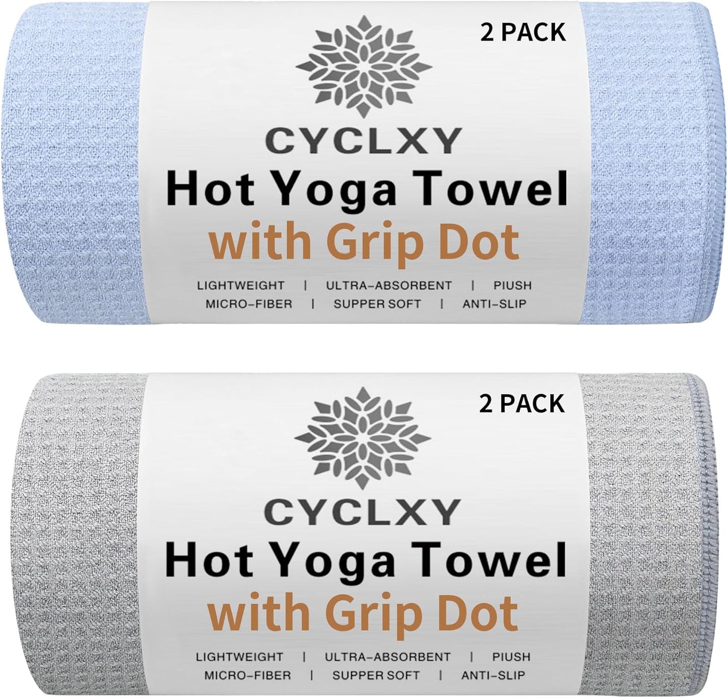 2 Pack Hot Yoga Towel with Grip Dot,Stickyfiber Yoga Mat Towels Non Slip for Hot Yoga,Absorbent Microfiber Sweat Anti-Slip Cover,Bikram,Pilates,Exercise,Fitness