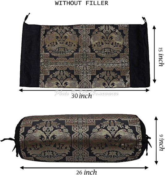Indian Jacquard Brocade Silk Bolster Yoga Rectangle Pillow Cover Cylindrical Hotdog Black Tube Masand Home Decor Living Room Elephant Traditional Throw Cushion Cover 76x38 cm - 1 Pc