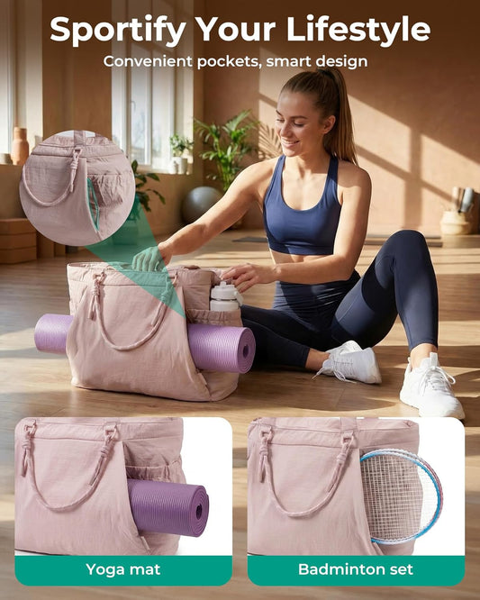 BAGSMART Yoga Tote Bag for Women with Knotted Handle, Lightweight Pilates Bag with Yoga Mat Holder, Gym Bag for Work Travel