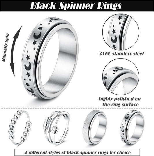 FUNRUN JEWELRY Stainless Steel Fidget Anxiety Ring for Women Men Fidget Spinner Rings Moon Star Celtic Stress Relieving Spinning Ring Wedding Band Rings Set,4-6Pcs