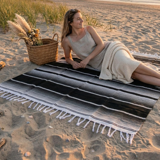 Open Road Goods Authentic Mexican Serape Blanket - Multicolor Saltillo Throw with Classic Stripe Pattern - Lightweight Handmade Blanket for Beach, Yoga, or Home Decor (Yellow Black)