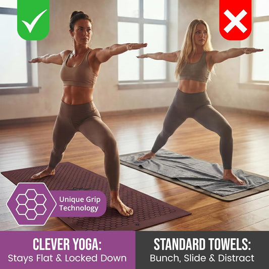 Clever Yoga Hot Yoga Mat Towel – Non-Slip Grip for Hot Yoga, Sweat Absorbent, Honeycomb Silicone Grip, Stays Flat – Ideal for Pilates, Travel, Washable & Lightweight - Gray