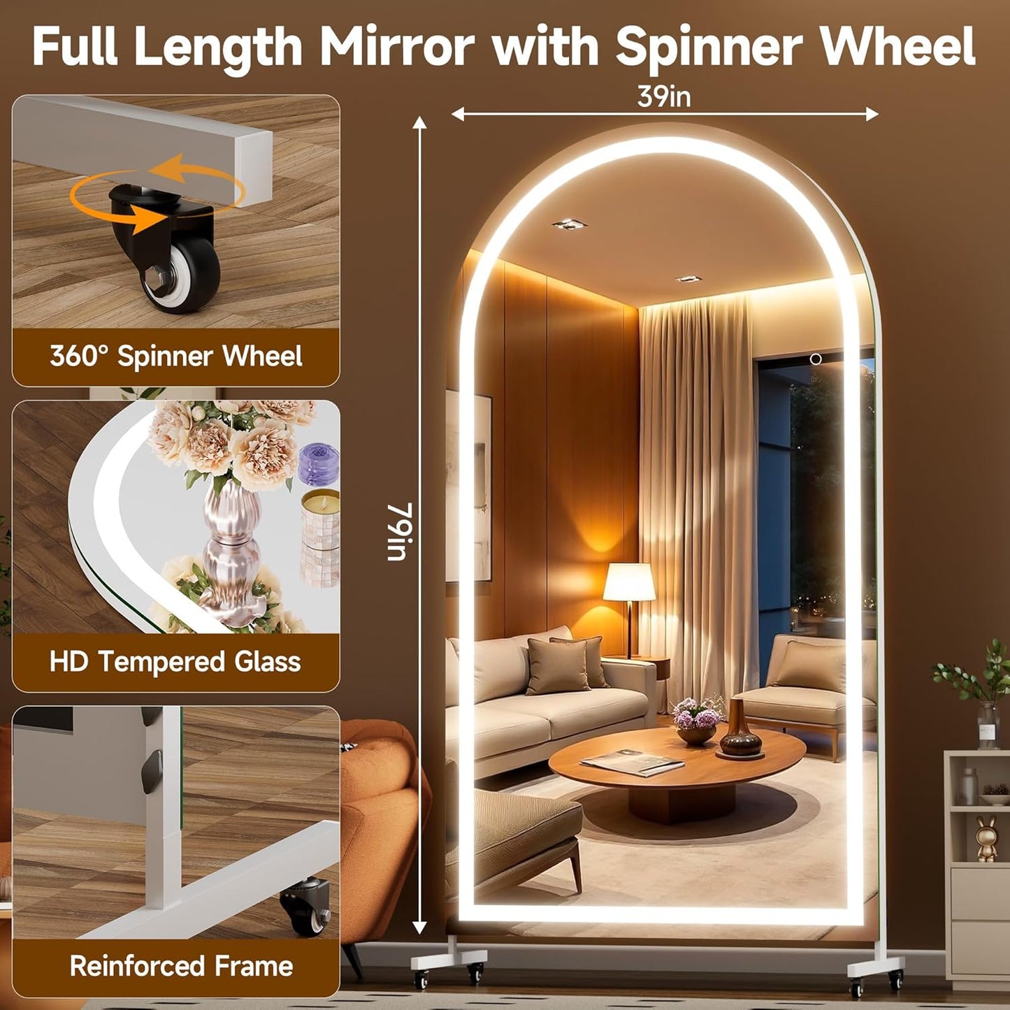 Hasipu 71" x 28" Arched Rolling Home Gym Mirror with Wheels, 360° Swivel Body Mirror with HD Tempered Glass, Large Floor Mirror for Yoga Room, Dance Studio, Bedroom & Home Gym