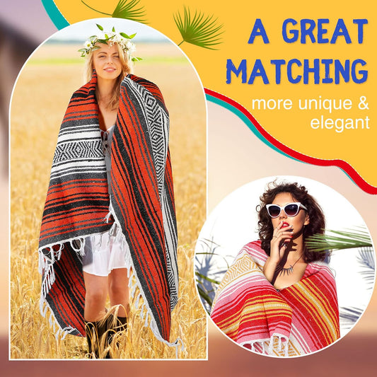 6 Pcs Mexican Blankets Bulk Yoga Authentic Throw Mexican Serape Blanket Large Colorful Striped Falsa with Fringed for Outdoor Camping Beach Picnic Home Decor (Orange Green)