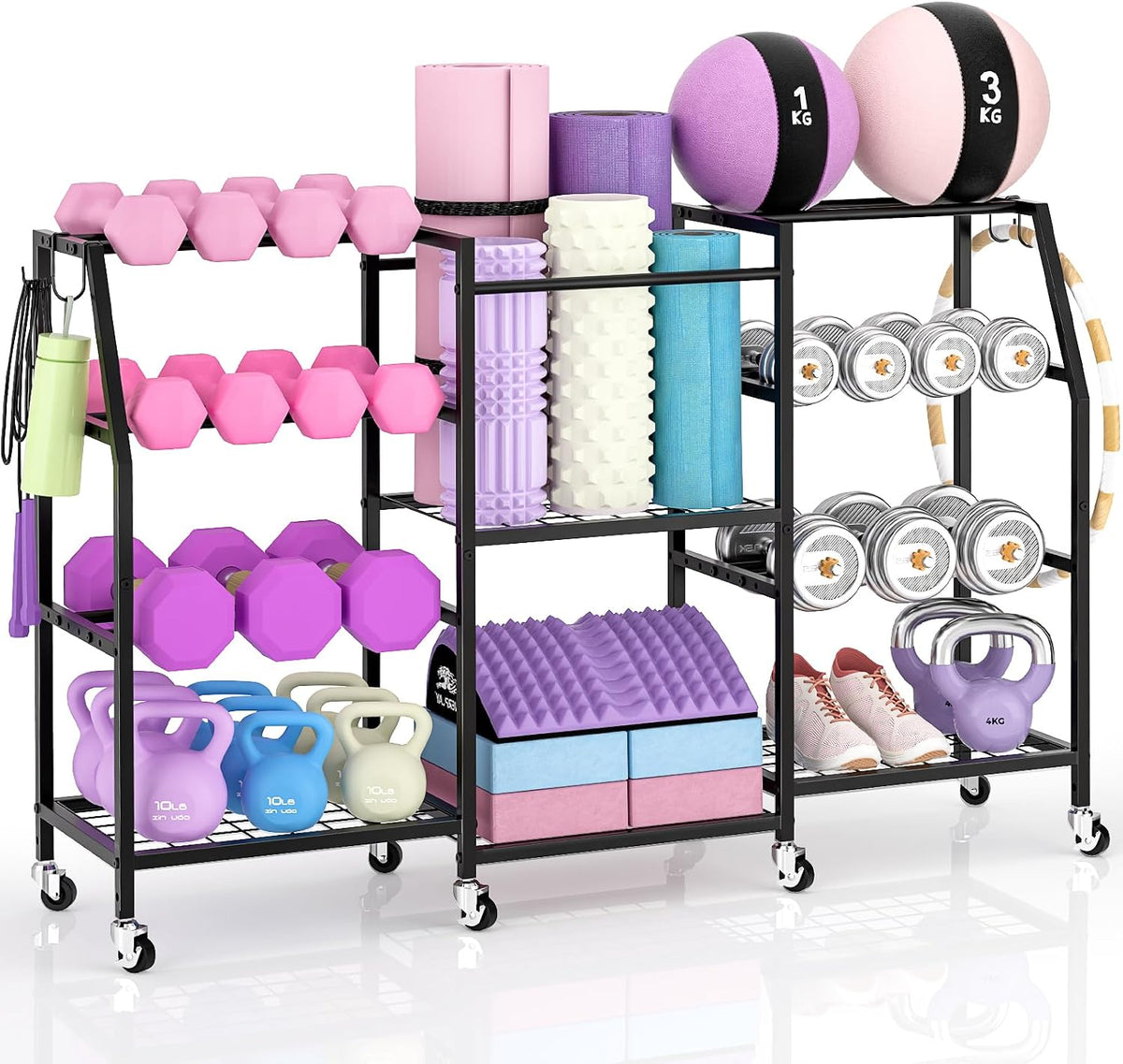 Dumbbell Rack, Weight Rack for Home Gym, Yoga Mat Storage Rack, Exercise Equipment Storage with Wheels and Hooks, Home Gym Equipment Organizer for Kettlebells