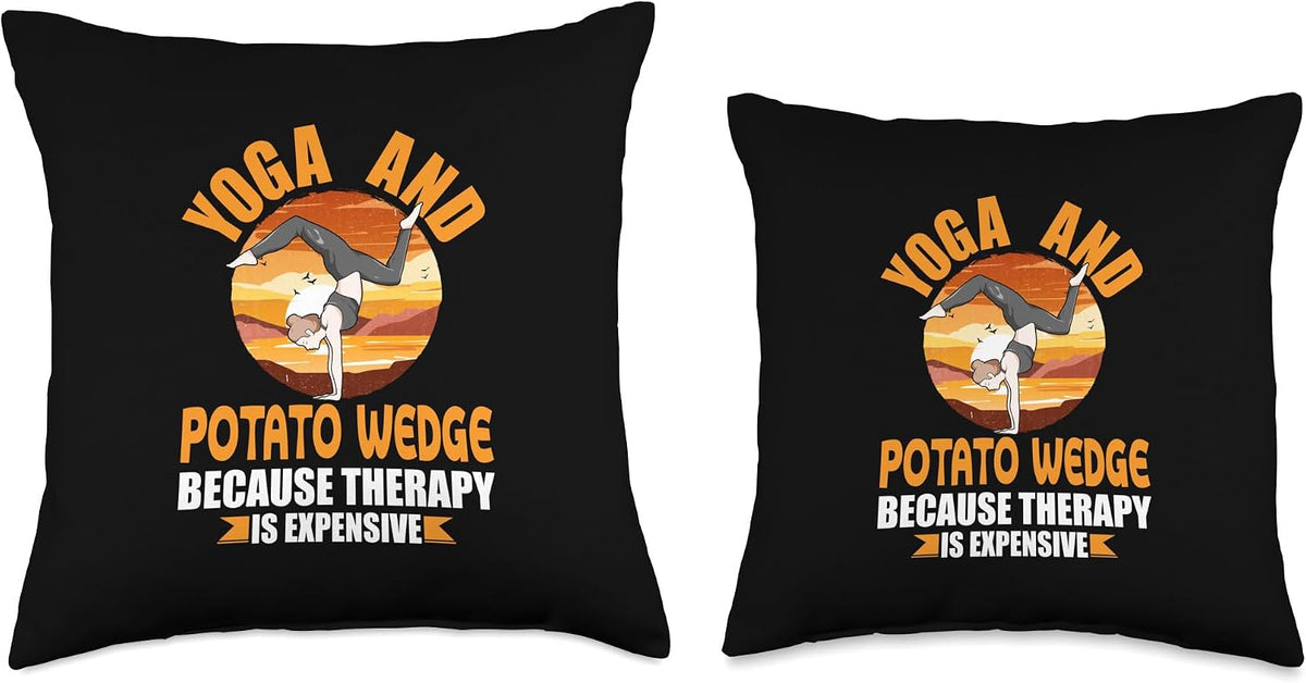Yoga and Potato Wedge Therapy Funny Pilates Humor Yogi Throw Pillow, 18x18, Multicolor