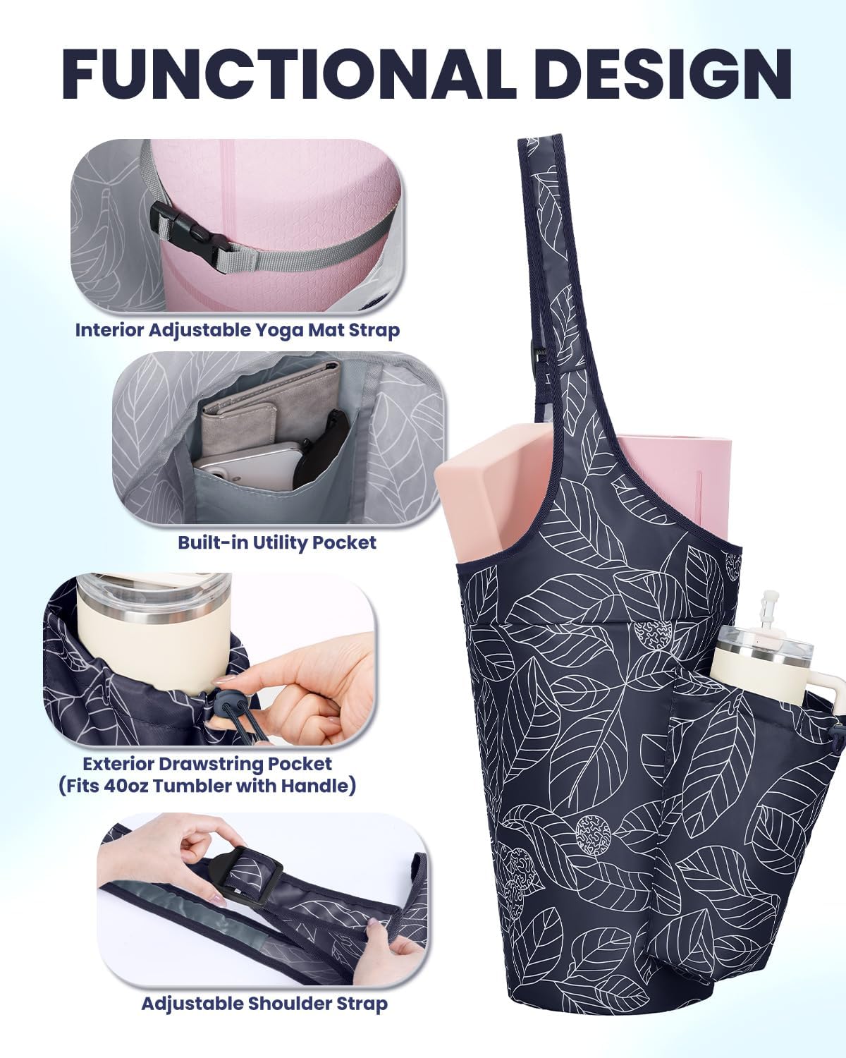 Yoga Mat Bag for Women with 40oz Water Bottle Pocket, Pilates Bag