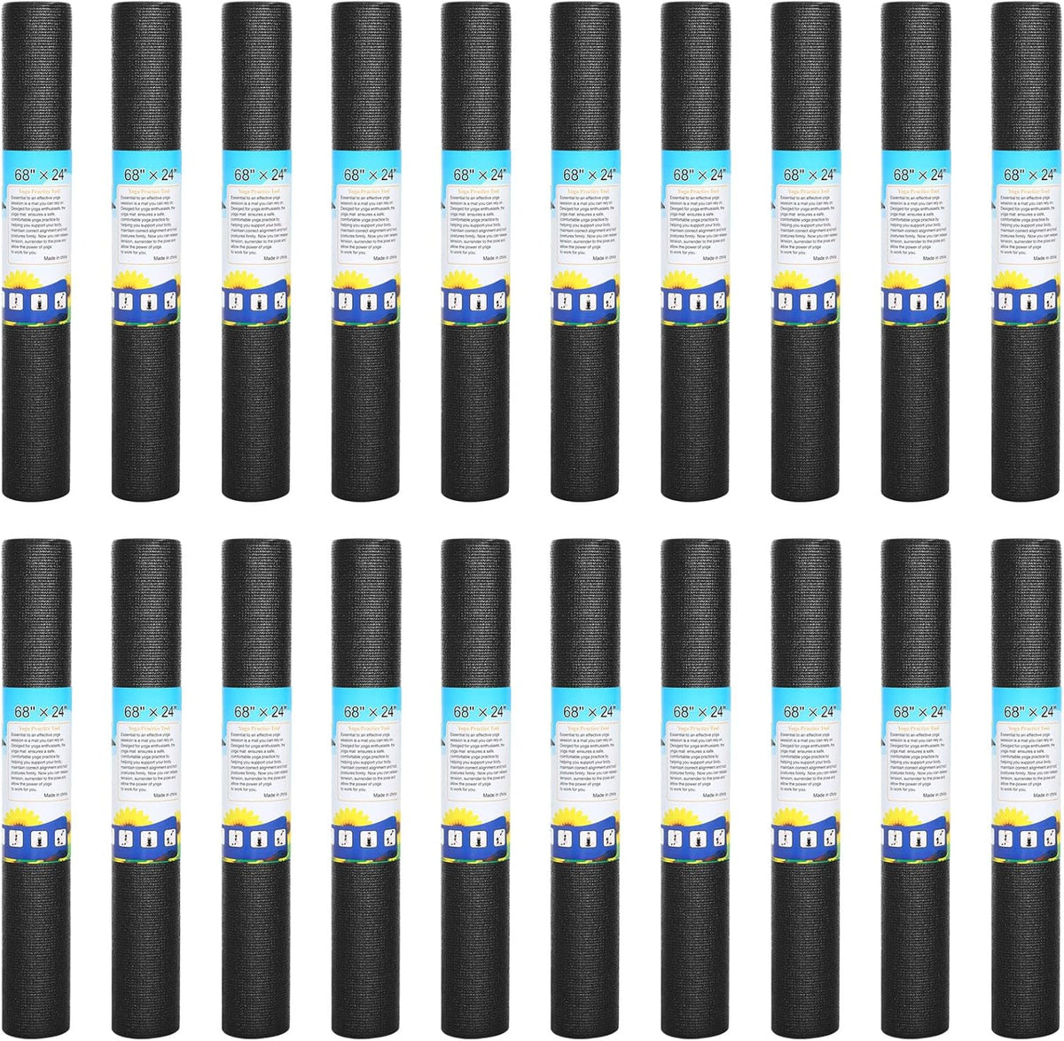 20 Pieces Exercise Yoga Mat Workout Mat with Strap 68 x 24 Inch Fitness Gym Mat Yoga Mat Non Slip for Women Men Gym Home Supplies(Black)