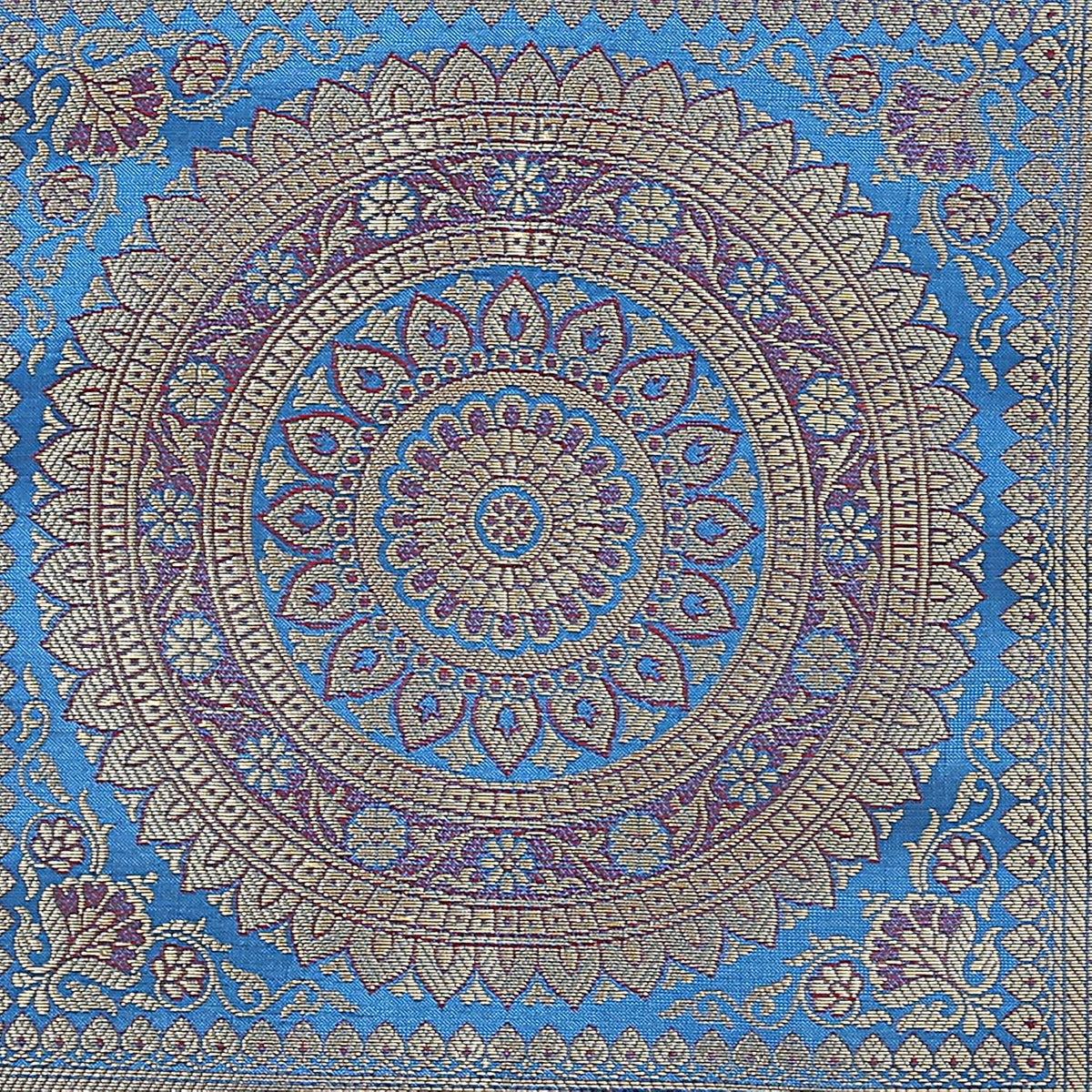 Ethnic Jacquard Brocade Silk Bolster Cushion Covers Cylindrical Hotdog Blue Yoga Massand Living Room Decorative Mandala Traditional Throw Pillowcase 76x38 cm - Set of 2 Pcs