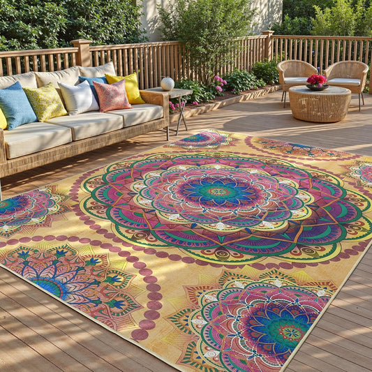 Arenarug Meditation Indoor Outdoor Rug 5x8 ft Mandala Pattern Rug Boho Style,Yoga Meditation Mat Picnic Rug for Patio Living Room Porch Garden Deck Backyard Easy to Clean Non Shedding Non-Slip