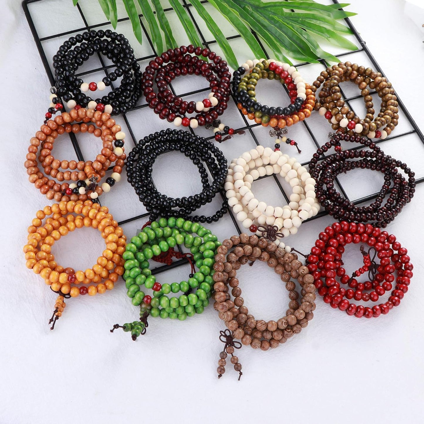 LOYALLOOK 12Pcs 108 Mala Bead Bracelets 8MM Buddhist Prayer Strand Sandalwood Wood Beaded Bracelet Necklace Elastic Handmade Multilayer Tibetan Buddha Link Wrist Bracelets Meditation Necklace Chain