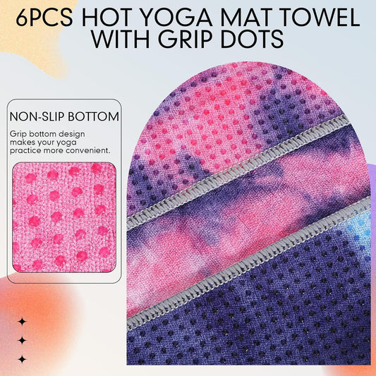 Peryiter 6 Pcs Yoga Towels with Grip Dots 72 x 25 Inch Non Slip Hot Yoga Mat Towel Microfiber Soft Sweat Absorbent Blanket for Gym Pilates Workout Fitness, 6 Tie Dye Colors