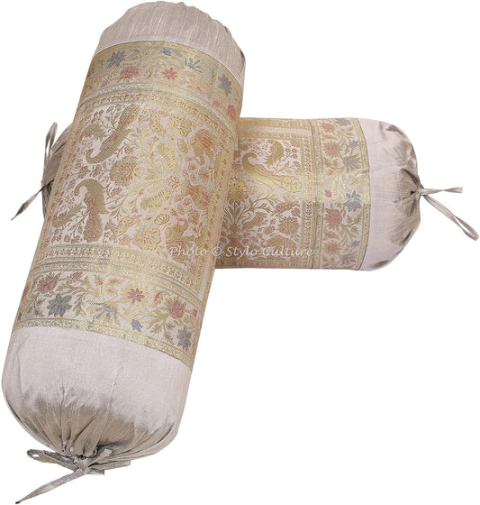 Traditional Polydupion Cylindrical Tube Pillow Bolster Pillow Covers Grey Jacquard Brocade Border Elephant Large Couch Round Cylinder Cushion Covers (Set of 2) | 30x15 Inches (76x38 cm)