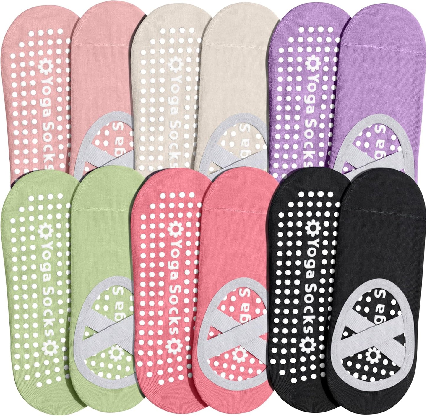 ihuan 6 Pairs Pilates Socks for women, Non-Slip Yoga Socks With Grip&Strap for Dance Barre Ballet Fitness Workout(5-9)