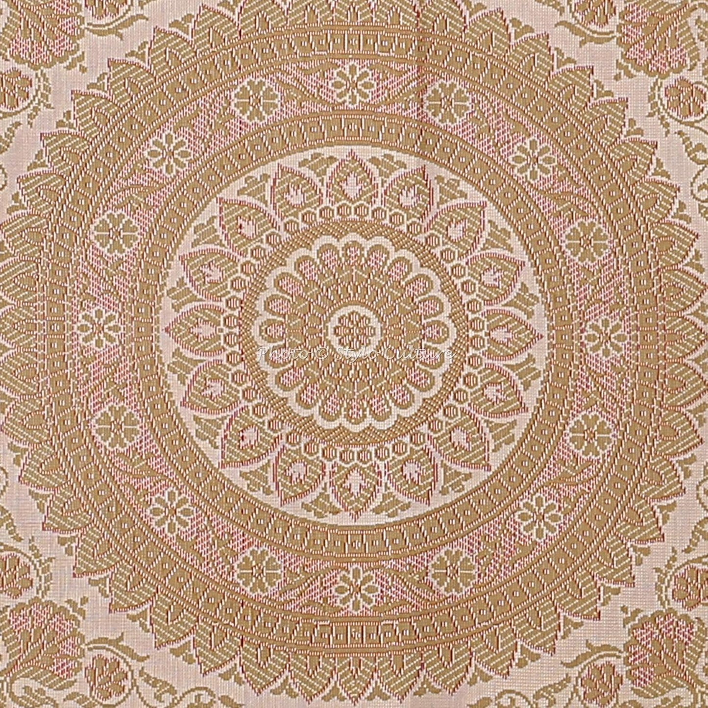 Ethnic Polydupion Cylindrical Yoga Bolster Pillow Cover White Jacquard Brocade Border Mandala Large Sofa Round Cylinder Cushion Cover (1 Pc) | 30x15 Inches (76x38 cm)