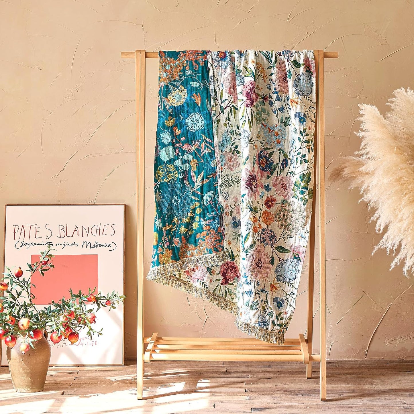 Boho Throw Blanket - 100% Cotton Soft Summer Throw Blanket for Bed, 50"x60" Reversible Breathable Lightweight Blankets, All Seasons Farmhouse Decor Floral Plant Butterfly Throw Quilt