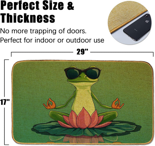 Doormat Yoga Frog Front Door Mat Indoor Outdoor Entrance,Pink Lotus Flower Door Mat Waterproof Low Profile All-Season,Easy Clean Patio Porch Entryway Floor Rug 17x29 Inch
