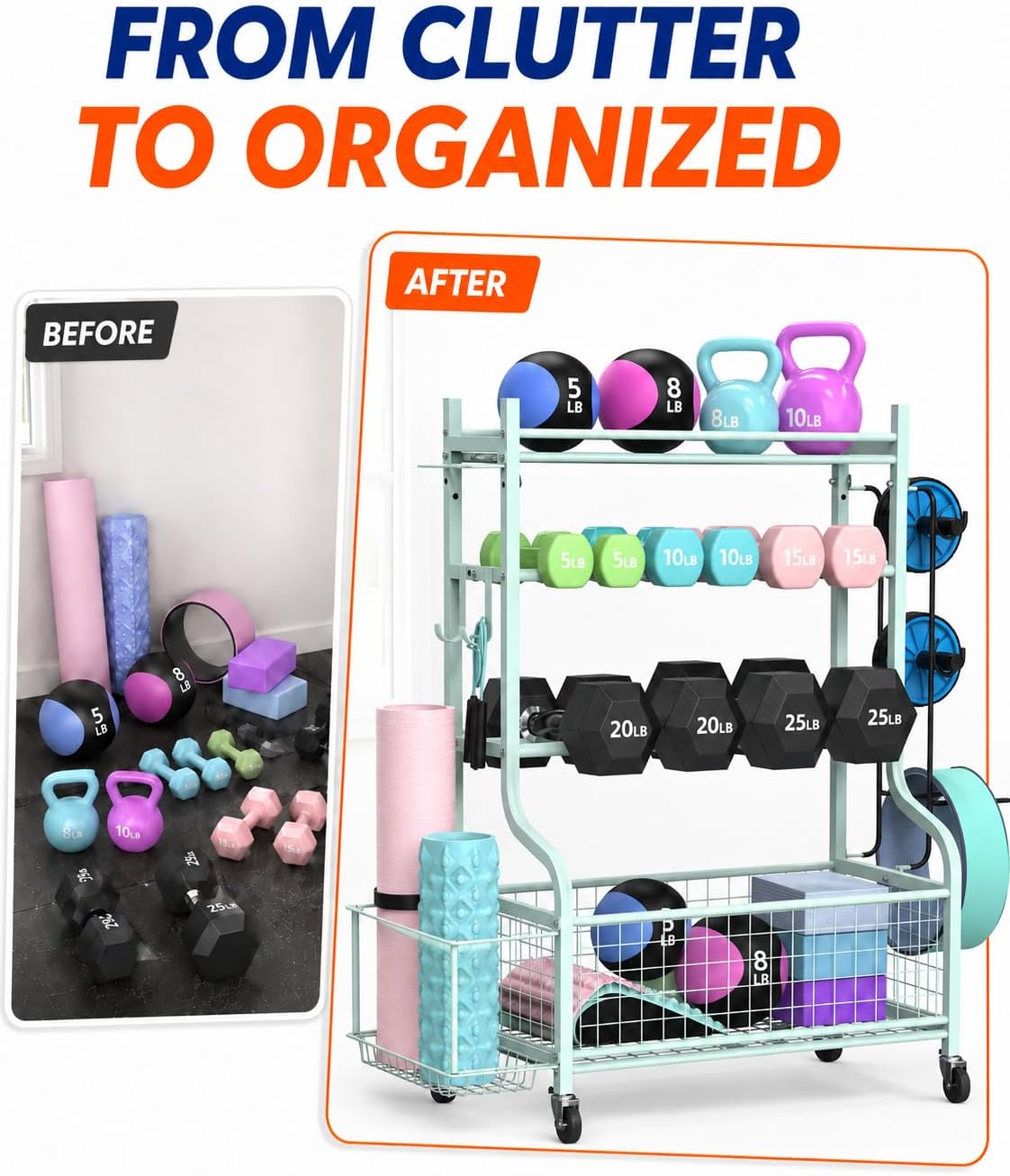 Dumbbell Rack, Weight Rack for Home Gym Storage with Wheels and Hooks