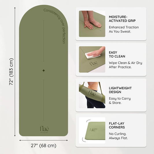Premium PU Yoga Mat | Sweat-Activated Non-Slip Grip | Natural Rubber Base | Arch-Shaped Design with Carry & Stretch Strap | For Yoga, Pilates & Stretching & Workouts
