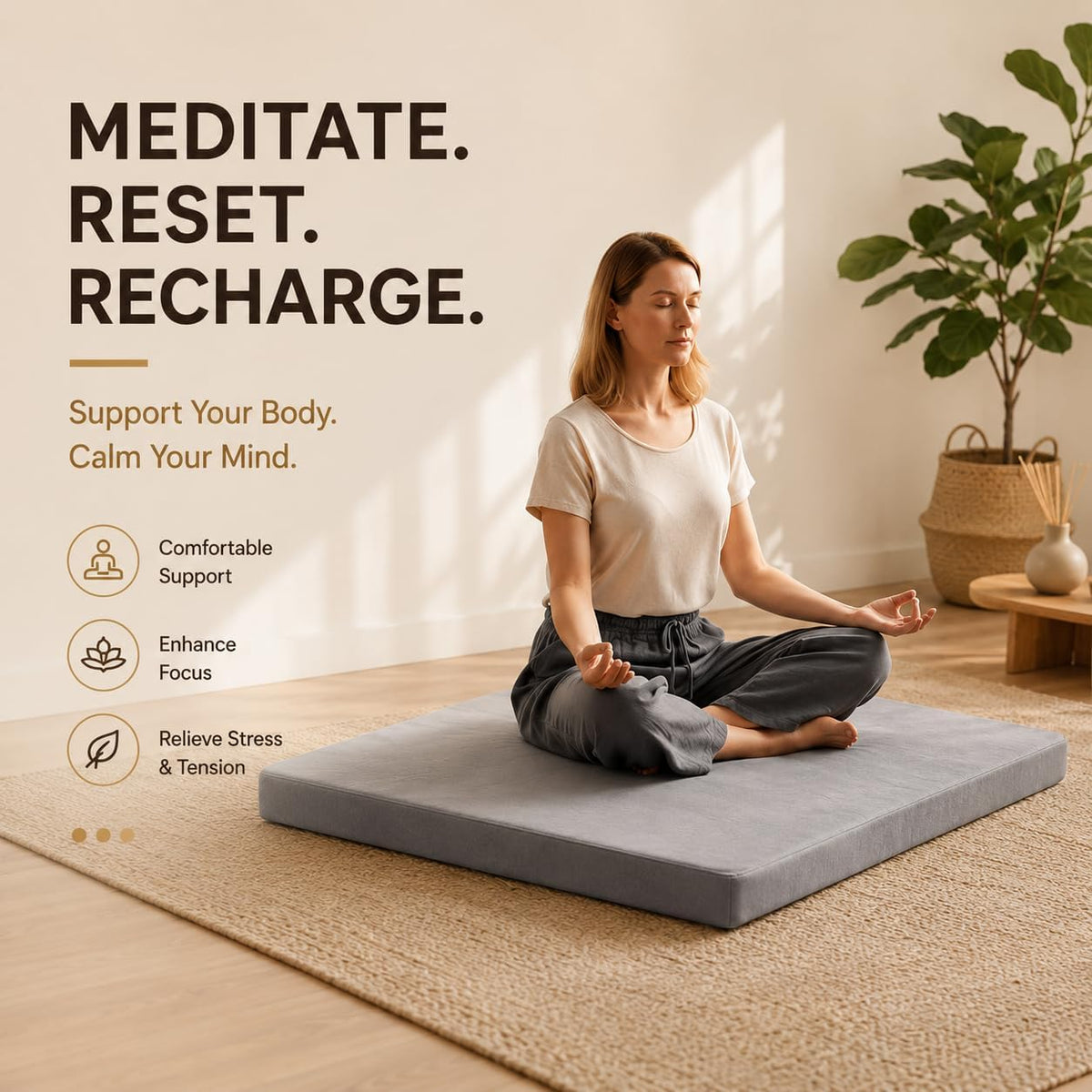 Velvet Zabuton Meditation Mat - Large Floor Pillow for Adults & Yoga Meditation Cushion - High Density Foam Floor Seating with Washable Cover, 31x31 Inch (Green)