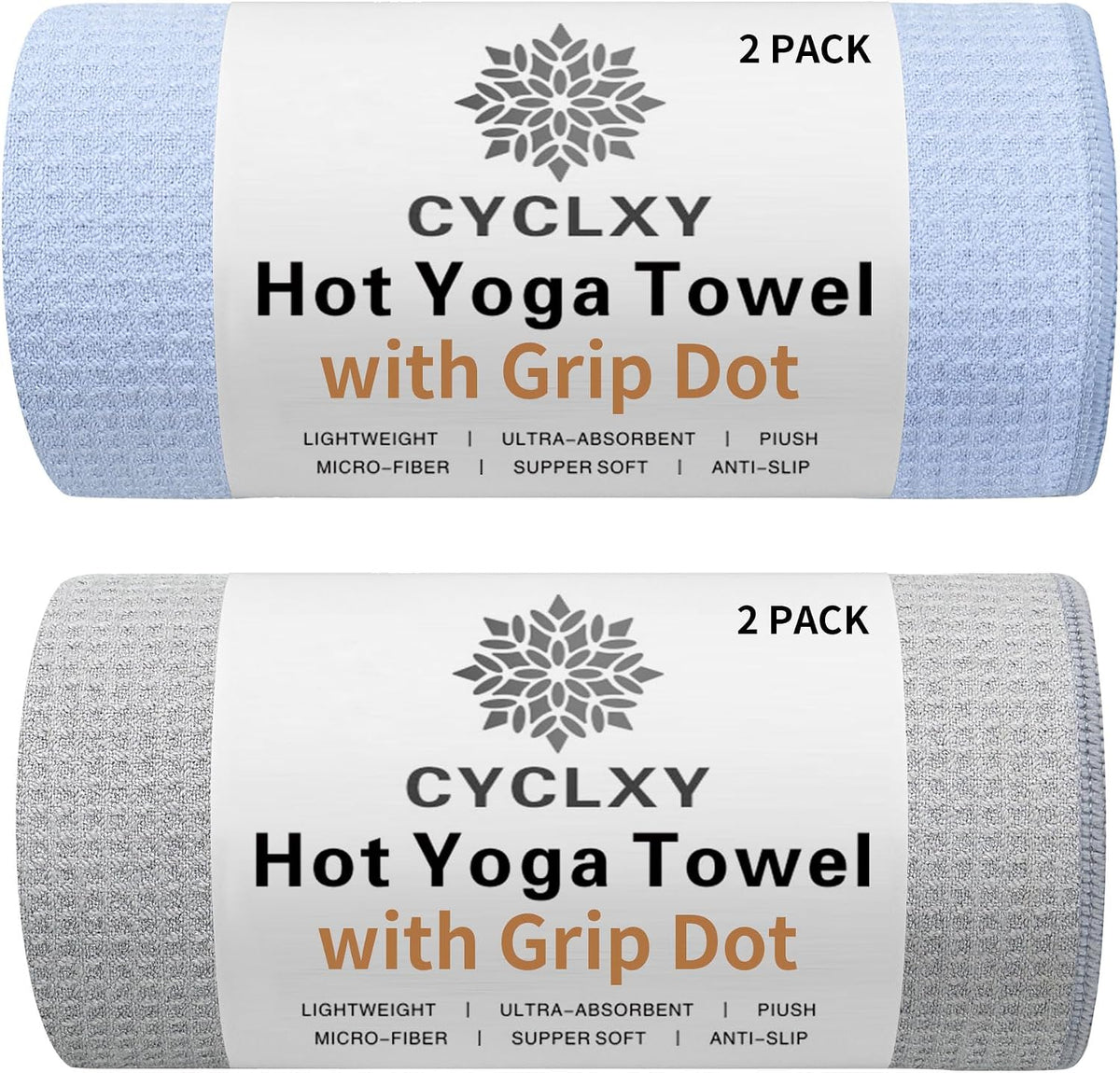 2 Pack Hot Yoga Towel with Grip Dot,Stickyfiber Yoga Mat Towels Non Slip for Hot Yoga,Absorbent Microfiber Sweat Anti-Slip Cover,Bikram,Pilates,Exercise