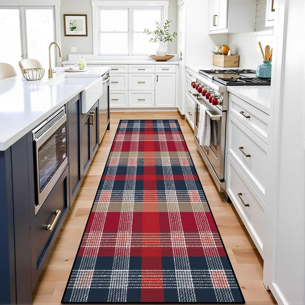 Runner Rug Washable 2x6 White Navy Blue Green Tartan Plaid Scottish Texture from Tartan Plaid Non-Slip Hallway Area Rug Indoor Outdoor Home Decor for Entryway Bathroom Kitchen Carpet Yoga Floor Mat