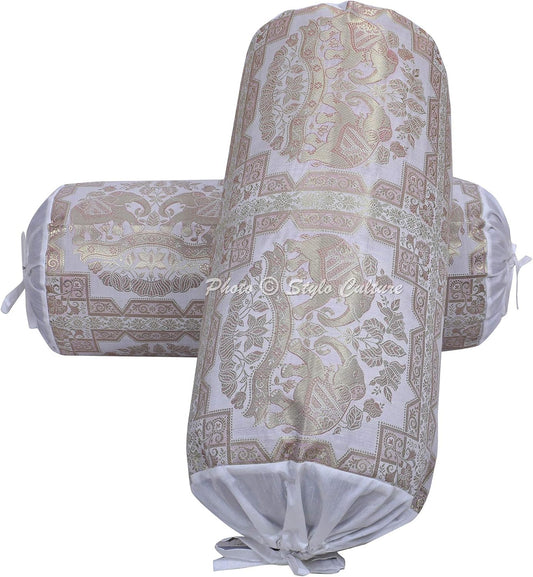 Ethnic Decorative Brocade Bolster Pillow Covers White Gold Elephant Jacquard Weave Round Tube Pillow Traditional Floral Cylindrical Cushion Covers - (76x38 cm) | Set of 2 Pcs