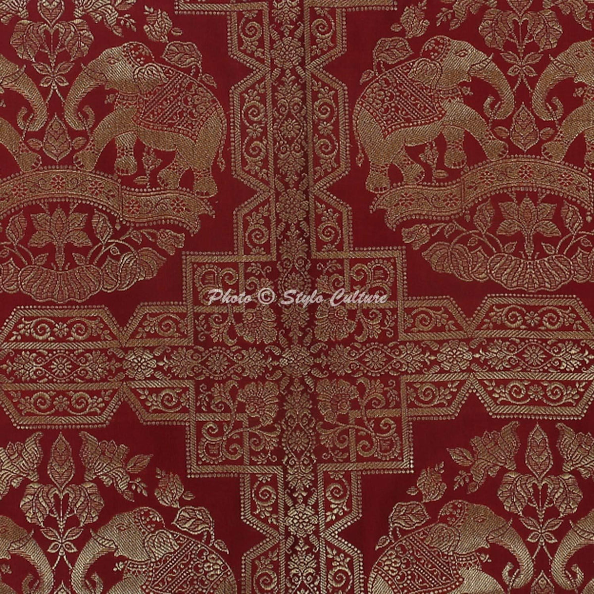 Brocade Silk Jacquard Cylindrical Decorative Bolster Pillow Cover for Bedroom Burgundy Gold Elephant Polydupion Indian Neck Roll Home Decor Banarsi Bolster Case | (1 Pc) | (76x38 cm)