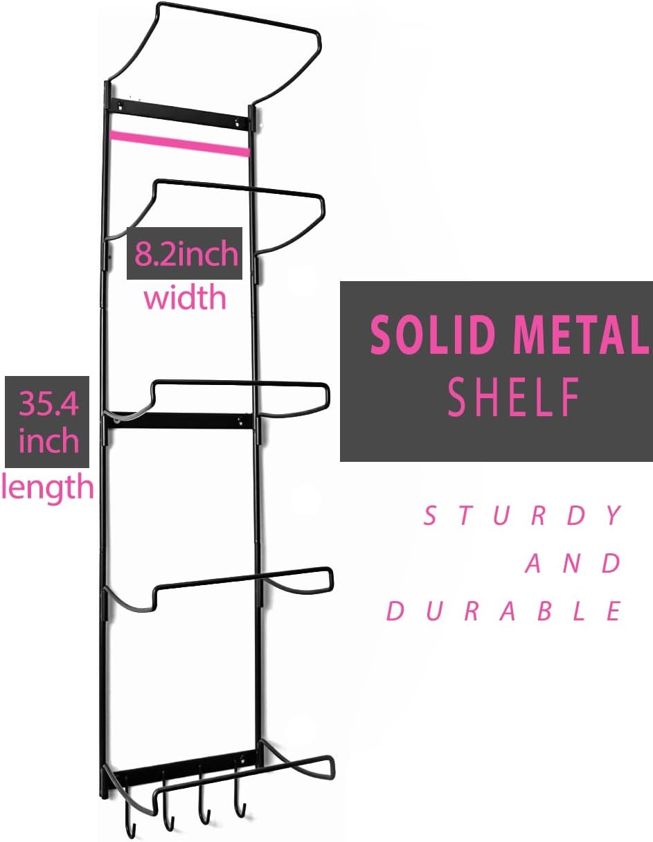 5-Tiers Yoga Mat Holder Wall Mount, Metal Storage Rack for Mats/Wheels, Foam Roller and Block, Wall Rack with 3-Hooks for Hanging Stretching Strap, Resistance Bands, Yoga Accessories