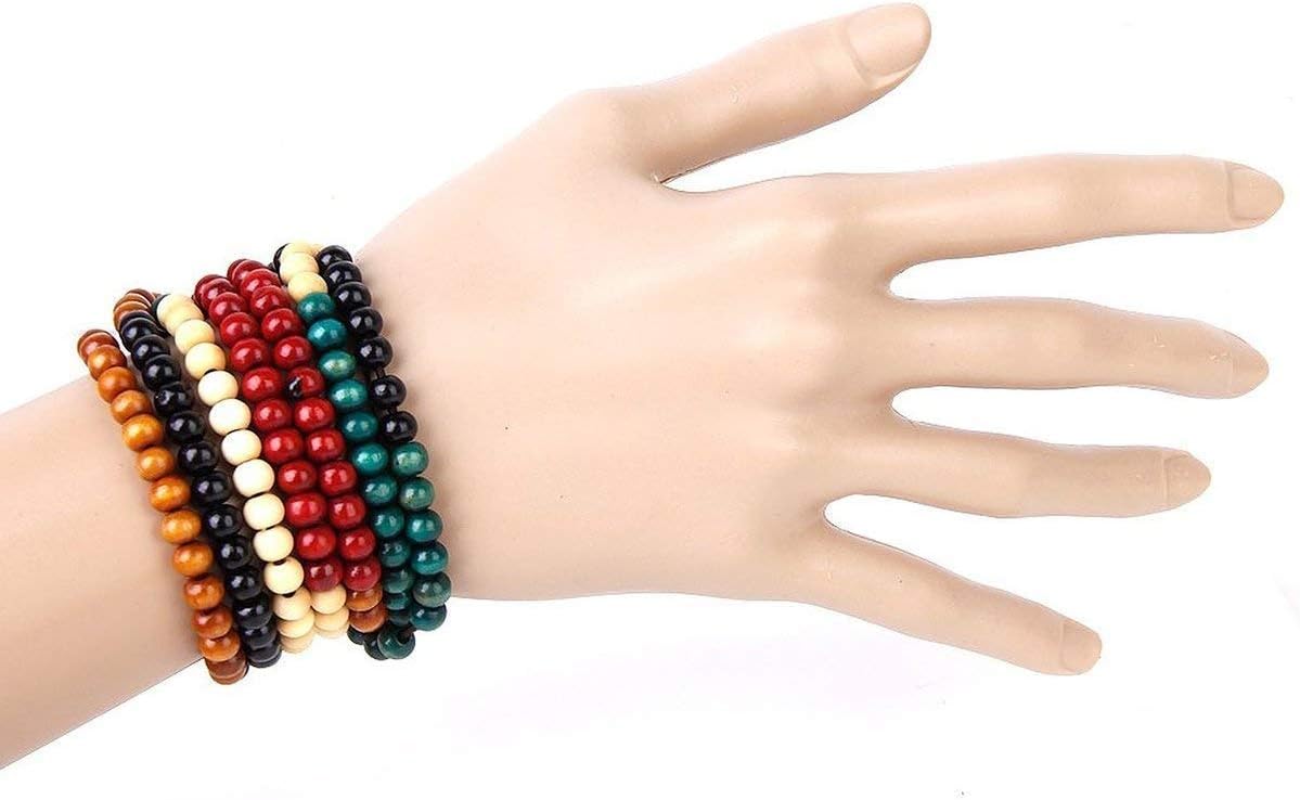 9 Pcs Mens Womens Wood Chain Bracelets, Handmade Multilayer 8MM 108 Buddhist Strand Wood Mala Beaded Elastic Bracelet Necklace-Meditation Prayer Beads for Yoga, Spiritual Protection & Good Luck