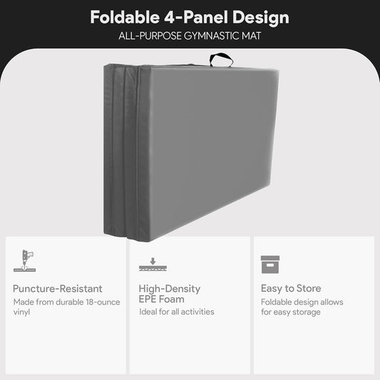 BalanceFrom 6x4 Feet 4-Panel Folding Gymnastics Mat – 2-Inch Thick Pad with Vinyl Surface and Carrying Handles for Tumbling, Yoga, Pilates, Home Workouts, and Martial Arts