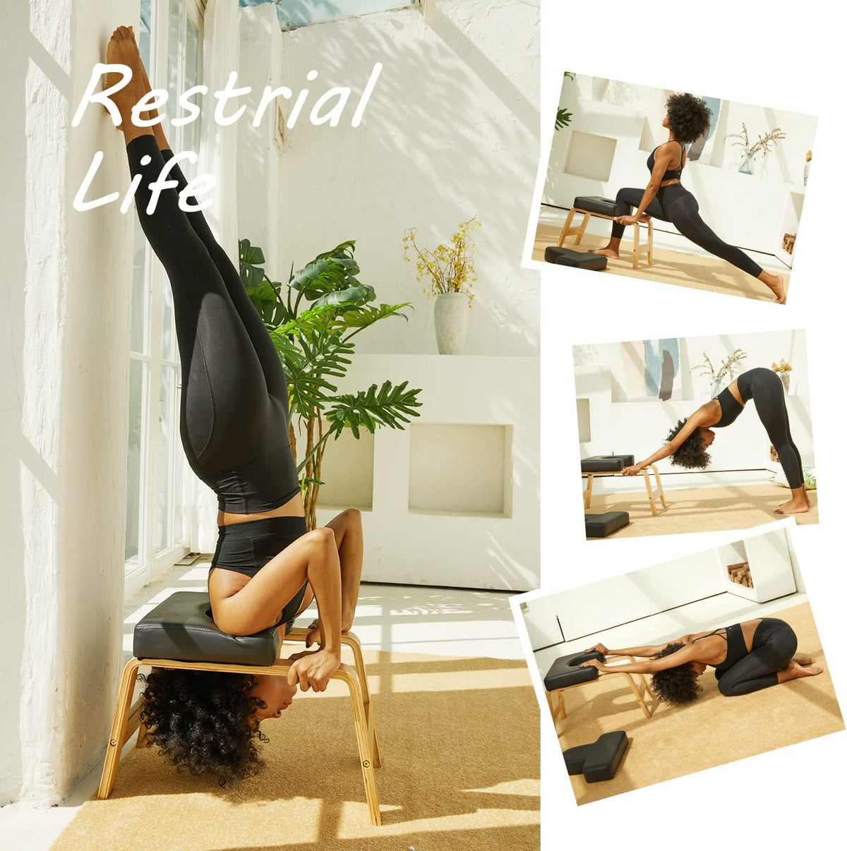 Yoga Headstand Bench- Stand Yoga Chair for Family, Gym - Wood and PU Pads - Relieve Fatigue and Build Up Body (Black), 24.50*15*15.40inch