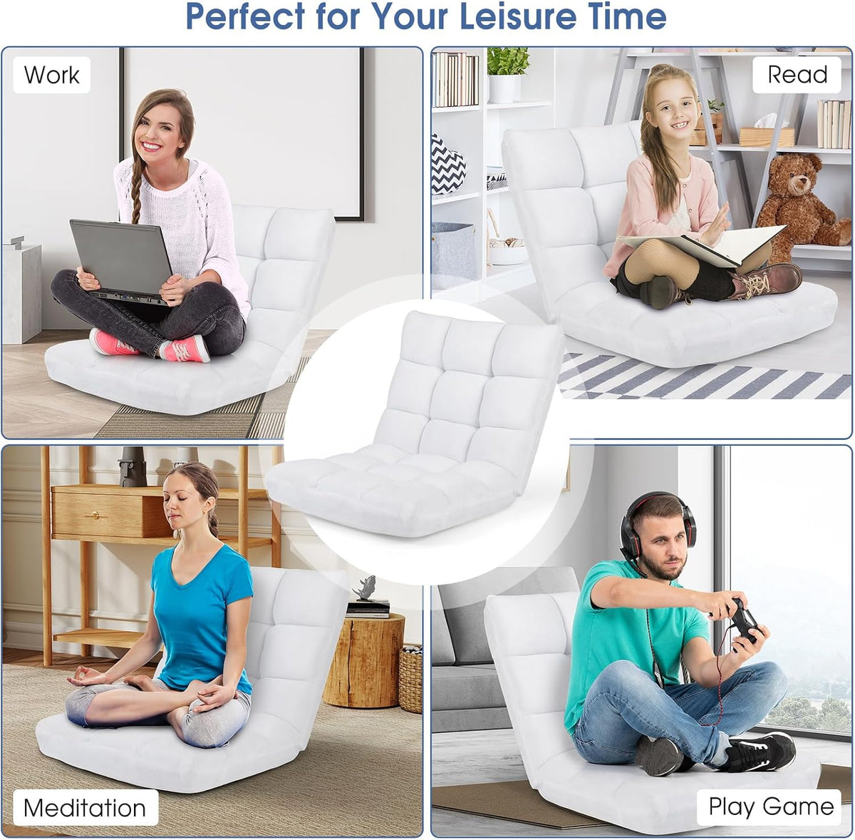 Cushioned Floor Chair, 14-Position Adjustable Padded Lazy Recliner with Comfortable Back Support and Skin-Friendly Cover, Great for Reading, Playing Game, Meditating (Beige)