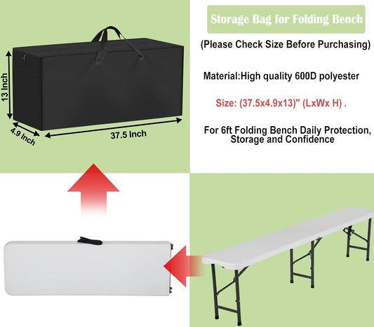 Folding Bench Storage Bag, 37.5"X13"X4.9" Heavy Duty Waterproof Carrying Bag for 6ft Plastic Folding Bench, Picnic Collapsible Bench Seating Cover with Durable Zipper & Shoulder Strap, Black