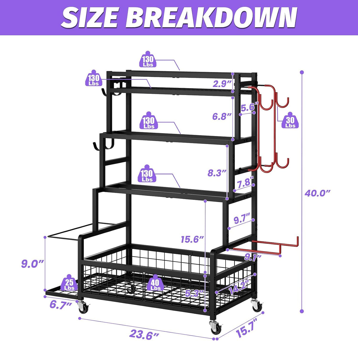 Dumbbell Rack for Home Gym, 490 lbs Weight Storage Rack with Wheels & Hooks