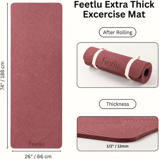 Extra Thick 12mm Exercise Mat, 74" x 26", Non-Slip with a Yoga Strap