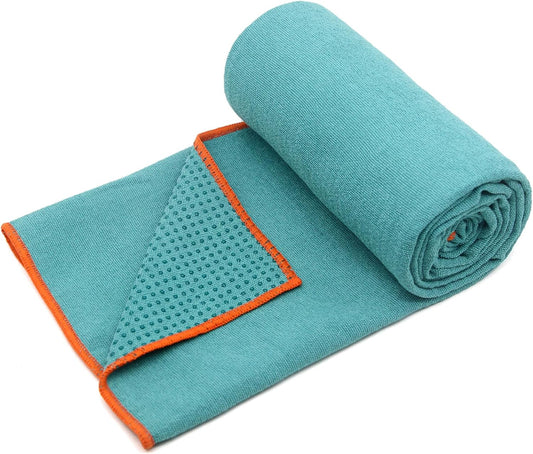 Hot Yoga Towel - Microfiber Non Slip Yoga Mat Towel with Grip Dot Sweat Absorbent Towel for Hot Yoga, Pilates and Fitness 72" x 24", Dark Cyan/Orange