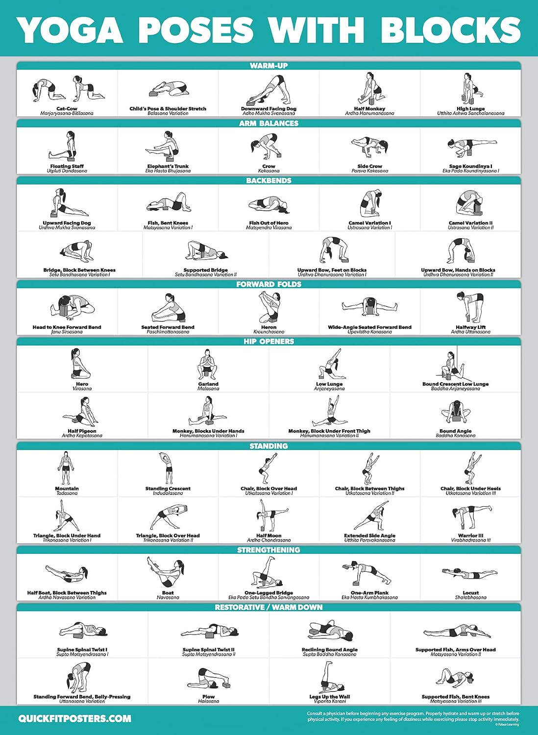 4 Pack - Yoga Poses Poster Volume 1, 2 & 3 + Yoga Positions with Yoga Blocks - Beginner Yoga Position Exercise Charts - English and Sanskrit Names