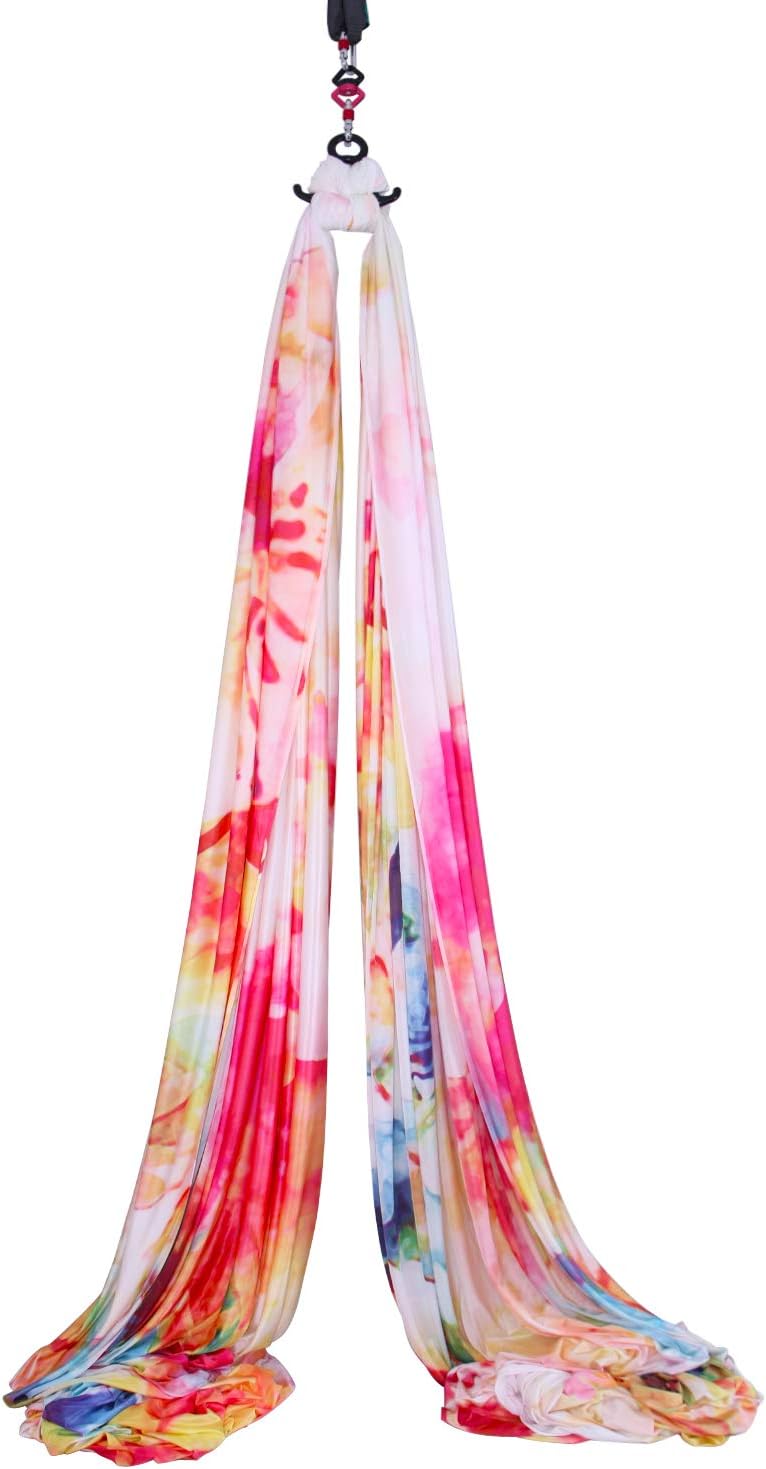Aerial Silks 13 Yards Hardware Kit Medium stretch Aerial Yoga Hammock Acrobatics- Include Carabiners,Rescue 8,Swivel, Height Adjustment Strap, Portable Storage (Petal)