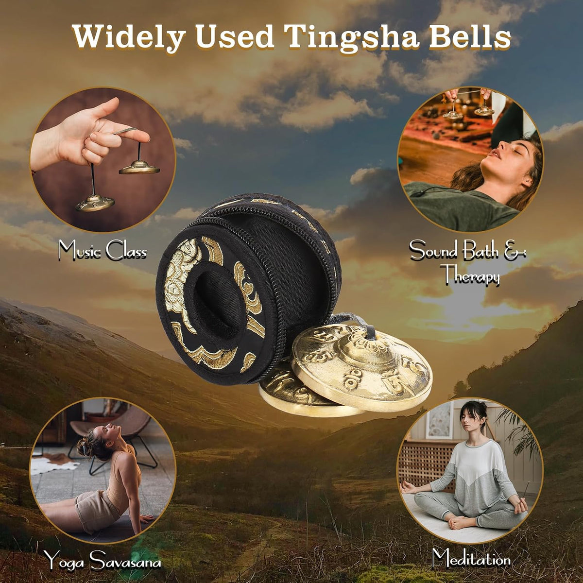 Tibetan Mantra Tingsha Cymbals - Om Mane Padme Hum - 6.3 cm Meditation Bells with Storage Case for Spiritual Healing & Mindfulness for Percussion Instrument - Spiritual Gift for Women