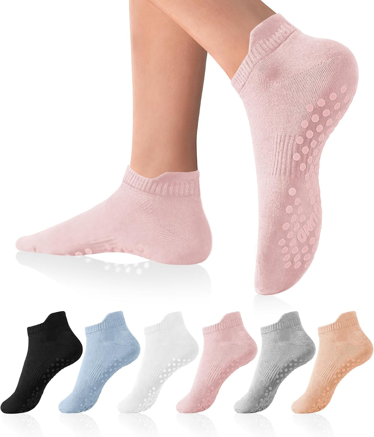 Pilates Socks with Grips for Women Yoga Socks Non Slip Barre Hospital Socks 6-Pairs Grippy Ankle Socks