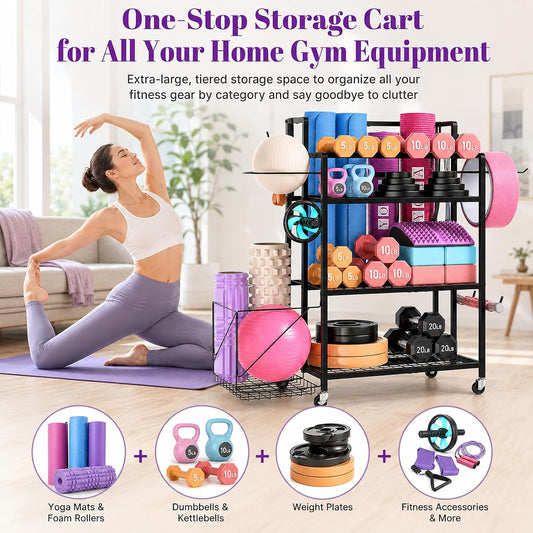 4-Tier Weight Rack for Home Gym with Wheels, Hooks and Dumbbell Storage