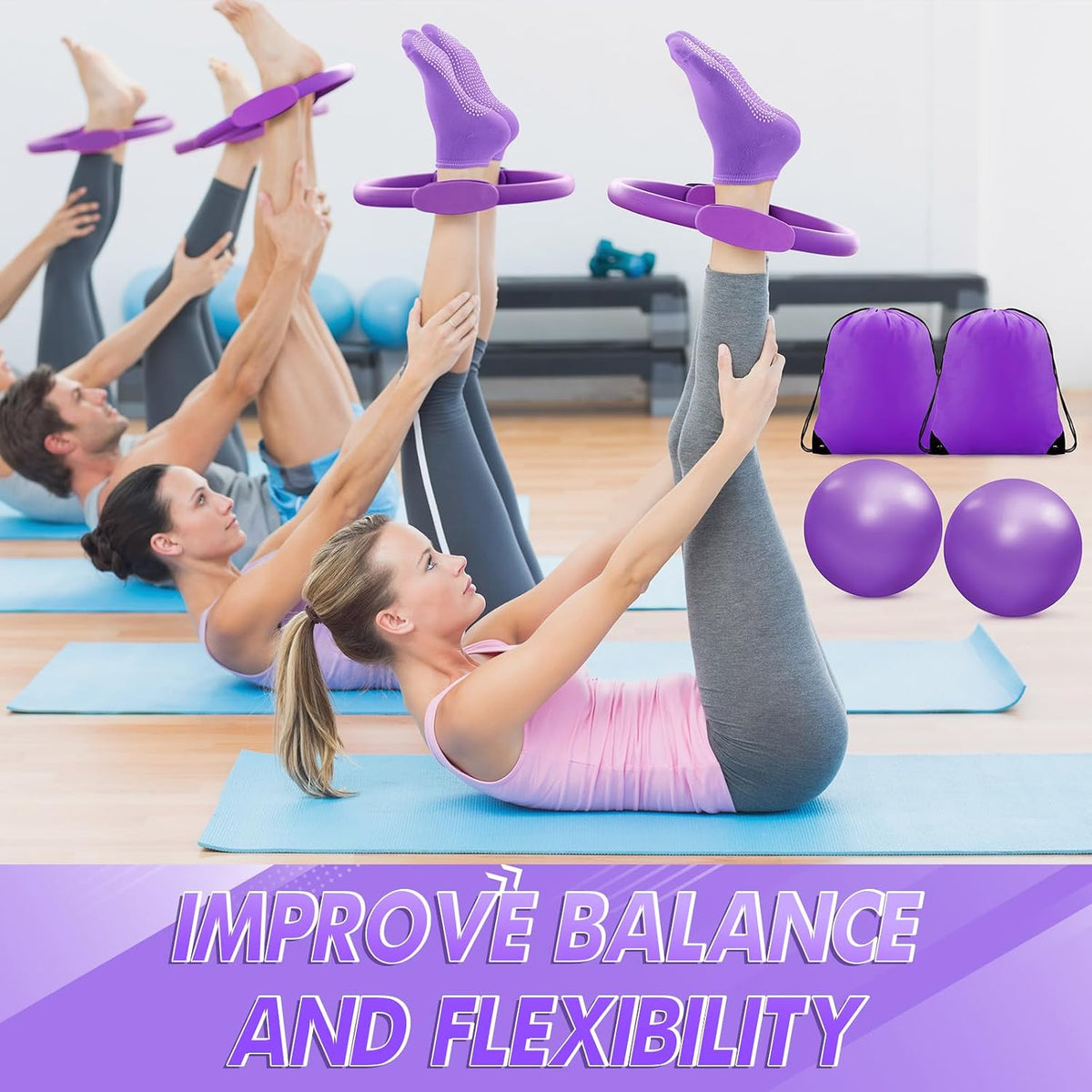 18 Pcs Home Pilates Kit for Women Pilates Ball and Ring Circle Set Yoga Fitness Essential with 5 Resistance Band Stretching Strap Non Slip Sock Ball Core Slider Wristband Headband Gym Bag